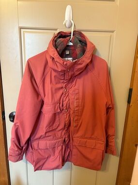 Woolrich Coral Red Hooded Women's Jacket with Plaid Lining
